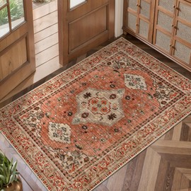 Boho Small Area Rug, 2x3 Washable Rug for Entryway, Vintage Throw Rug Oriental Non Slip Indoor Front Door Rug, Distressed Terracotta Door Mat Carpet, Soft Low Pile Rugs for Entrance Kitchen Bedroom