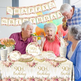 90th Birthday Party Tableware, 142Pcs Rose Gold 90th Birthday Decorations Includes 90th Birthday Plates and Napkins,Tablecloth,Cup,90 and Fabulous Banner,90th birthday decorations for women