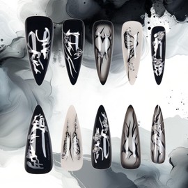 Stiletto Press on Nails Black Fake Nails with Heart Butterfly Designs Dark Cool Stick on Nails Long Almond Acrylic Nails Glossy Glue on Nails Punk Style False Nails for Coquette Women 24 Pcs