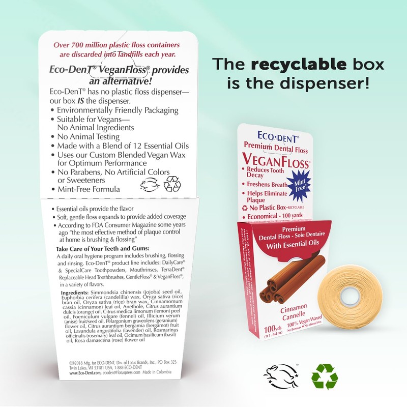 Eco-Dent VeganFloss Dental Floss, Waxed, Cinnamon - Floss with Vegan