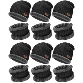 6 Pack Winter Beanie Hat Scarf Set Stylish Knit Skull Caps for Men Women Fleece Thick Lined Neck Warmer (Black)