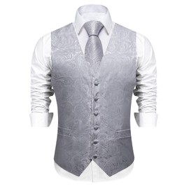 DiBanGu Mens Paisley Vest Tie Set with Lapel Pin Tie Clip 7PCS Silk Woven Necktie and V-Neck Suit Waistcoat for Tuxedo Party, Grey, XX-Large