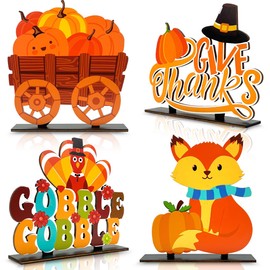 Thanksgiving Wooden Table Signs Fall Table Decorations with Pumpkin Turkey Fox Fall Wood Tabletop Signs Tiered Tray Decorations for Thanksgiving Party Supplies 4PCS