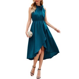 JASAMBAC Dresses Dresses for Women High Low Elastic Waist Dress Ruffle Midi Dress Peacock Blue XL