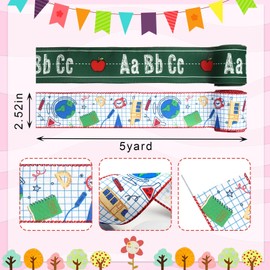 Threetols 2 Rolls 10 Yards Back to School Wired Edge Ribbon, 2.5inch Green ABC Apple Burlap Ribbon Globe Check Gift Wrapping Ribbon for First Day of School Party DIY Craft Teacher Wreaths Bow Decor