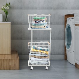 Laundry Basket with Wheels, 2 Tier Removable Wire Laundry Cart, Vertical Laundry Sorter, Rolling Hamper Dirty Clothes Hamper Organizer for Laundry Room, Bathroom, Bedroom, School (White)