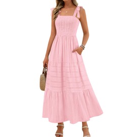 MEROKEETY Women's Summer Boho Maxi Dress Beach Vacation Casual Smocked A Line Sundress with Pockets, Pink, Medium
