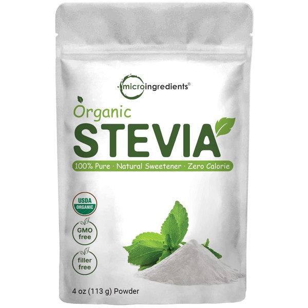 Pure Organic Stevia Powder, 4 Ounces, 706 Serving, Highest Grade Stevia Green Leaf Extract Reb-A, Reduced Bitter Aftertaste, 0 Calorie, Natural Sweetener, Sugar Alternative, Keto Friendly