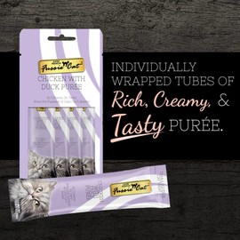 Fussie Cat Chicken with Duck Puree, lickable cat treats, 0.5oz pouch 4 Count (Pack of 1)