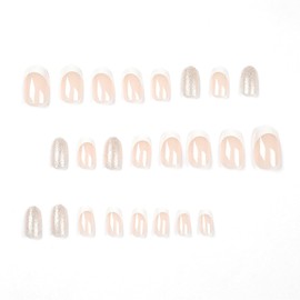 PUSCOBSY Press on Nails French Tip Fake Nails Medium Oval False Nails White Almond Acrylic Nails Glossy Glitter Artificial Stick on Nails for Women and Girls 24PCS