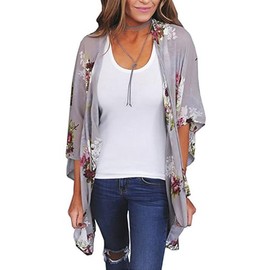 Naivikid Women's Floral Print Kimono Sheer Chiffon Loose Cardigan Blouse Top Gray XXL