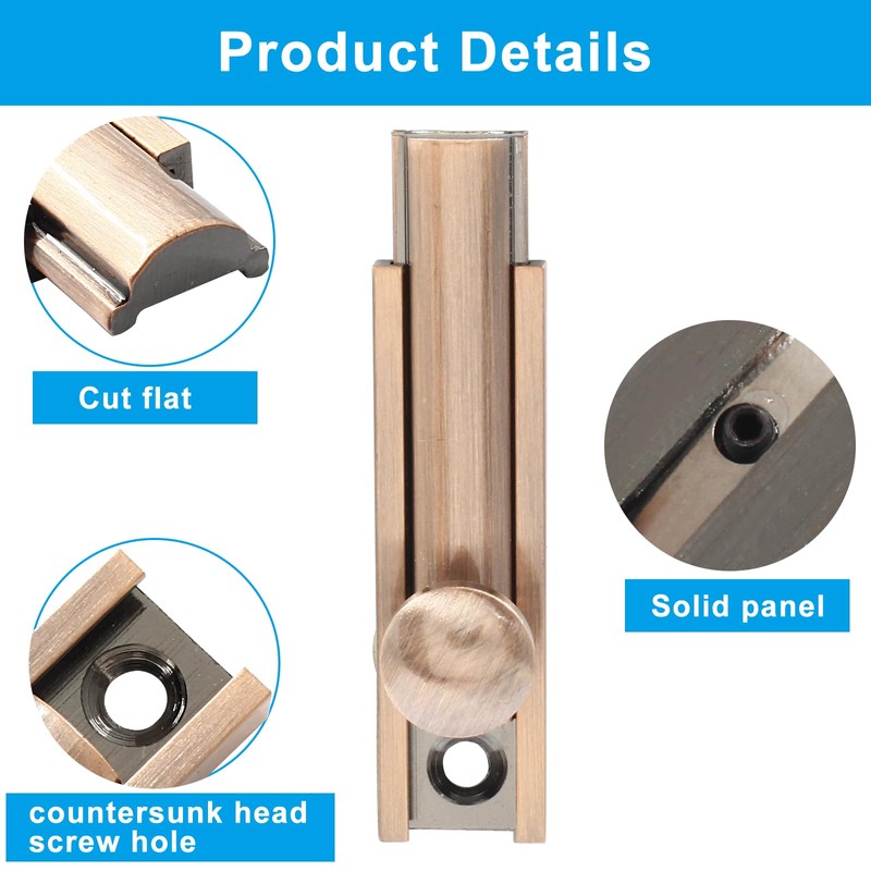 Coufce 2pcs 2 Inch Solid Brass Slide Bolt, Rose Gold