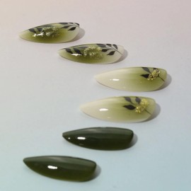 BABALAL Acrylic Press on Nails Medium Almond Fake Nails Green Glue on Leaves Design Glossy Stiletto False Nails 24Pcs Artificial Nail Art