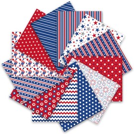 Whaline 12Pcs Patriotic Cotton Fabric Bundles 10 x 10 Inch Star Firework Fat Quarters 4th of July Sewing Fabrics for Independence Day Party Decor DIY Crafts