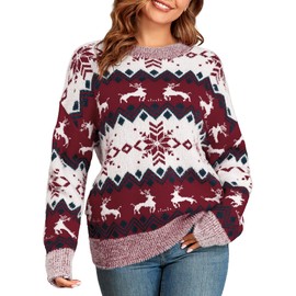 ZAFUL Christmas Sweaters for Women Snowflake Reindeer Long Sleeve Crewneck Oversized Sweater Fuzzy Knitted Pullover Tops Wine Red