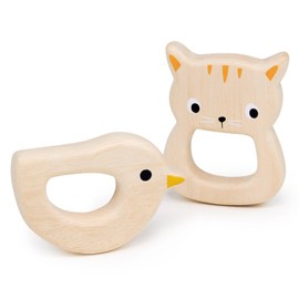 Mentari Toys - Bird &/and Kitten Teethers - 2pc Wooden Teething Toys for Babies - Natural Wood Animal Teething Ring, Chew Toy - Soothes Sore Gums - Develops Hand-Eye Coordination - Age 4m+