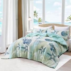 Tritard Coastal Comforter Set Queen Size 3 Piece, Soft Beach Themed Comforter, Ocean Nautical Lightweight Bedding Sets for All Seasons, (1 Reversible Comforter and 2 Pillow Shams), 90''x90'', C6