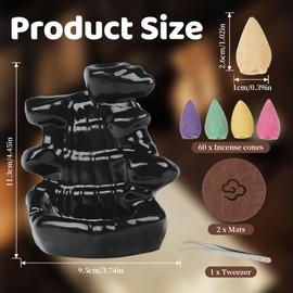 RAFIYU Waterfall Backflow Incense Burner, Ceramic Incense Cone Holder with 60 Cones, Tongs and Table Mat, Home Decor for Meditation, Relaxation, Purification, Yoga Gifts