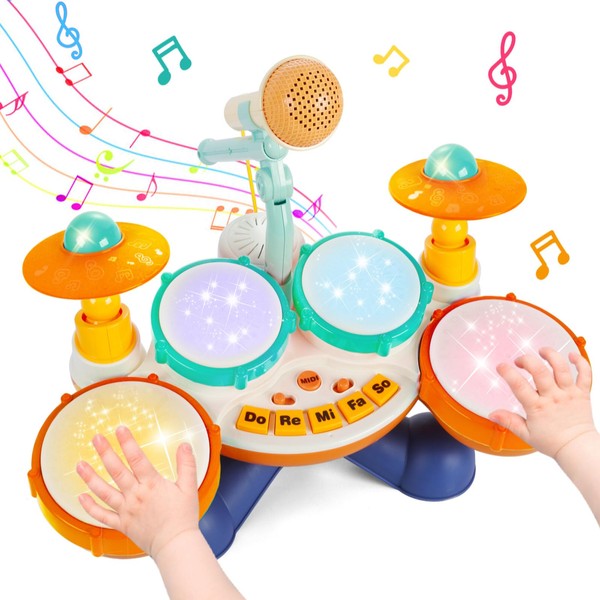 Kids Drum Set Baby Drum - 4 Beats Flash Light Toddler Drum Set with Microphone, 6 in 1 Baby Drum & Piano Set with 10 Music, Musical Instruments Birthday Gifts for Boys and Girls 6 to 12 Months