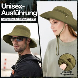 Kiiwah Sun Hat Men Women Hiking Hat UV Protection Safari Hat Foldable Mesh Wide Brim Bush Hat with Chin Strap Boonie Hat for Outdoor Summer, Green