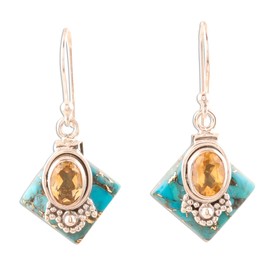 NOVICA Artisan Handmade Citrine Dangle Earrings Sterling Silver Reconstituted Turquoise India Gemstone Birthstone [1.5 in L x 0.6 in W x 0.4 in D] ' Kolkata Gold'