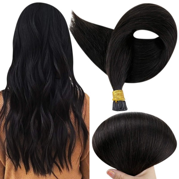 Full Shine I Tip Human Hair Extensions 22 Inch Cold Fusion Hair Extensions Color 1B Off Black Pre Bonded Hair Extensions Stick Tip Hair Extensions 0.8g Per Strand 50 Strands