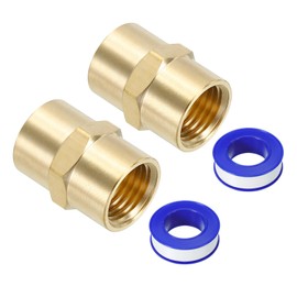 PATIKIL 1/4" x 1/4" Brass NPT Coupler with Sealing Tape, 2 Set Female Hex Head Pipe Fitting Coupling for Home Plumbing Pipes Shower Head Bases Coupling, Gold