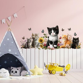 SMAOSTORE Wall Sticker, Cute Cat Sticker, Stylish, Flowers, Butterfly, Animals, Children, Room, Bedroom, Kindergarten, Classroom, Background, Waterproof, Removable, Wall Paper, Wallpaper
