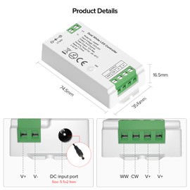 FCOB C02RF LED Controller Support PWM 5050SMD COB CCT(+ CW WW) 3pin LED Strip Tunable Color Temperature LED Compatible with WR02RF RC02RF Remote DC5V/DC12V/DC24V Max 12A Indoor Use Only