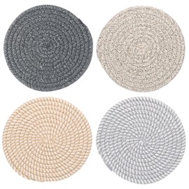 PATIKIL Plant Coasters 7 Inch, 4 Pcs Woven Plant Mat Round Pads Set for House Indoor Outdoor Gardening Pot Kitchen Table Stripe Color Set