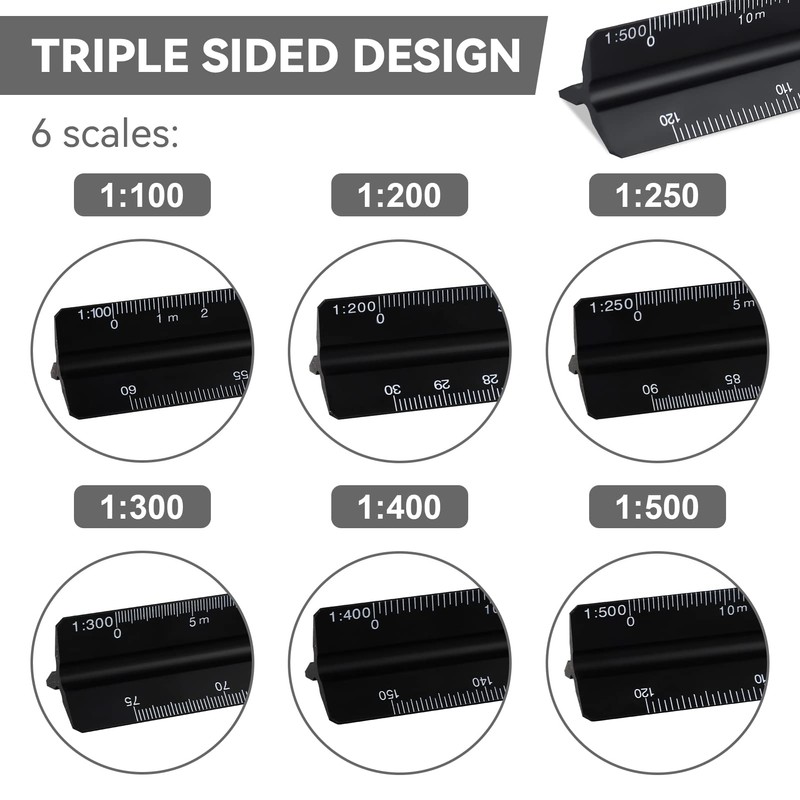 2Pcs Architectural Scale Ruler, Black Aluminum Triangular Scale Ruler 30cm,