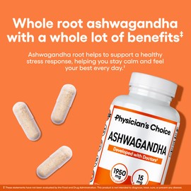 Physician's CHOICE Ashwagandha Supplement - 1950mg of Bioavailable Organic Ashwagandha Root Powder - Black Pepper Extract, Stress Support, Mood Support Supplement, 90 Veggie Ashwagandha Capsules