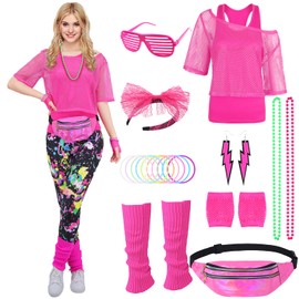 80s 90s Outfit Women's Neon 80s Outfit Party with Mesh Shirt, Tank Top, Bum Bag, Leg Warmer, Headband, Earring Necklace, 80s 90s Costume Accessory Set for Carnival Theme Party 029XL