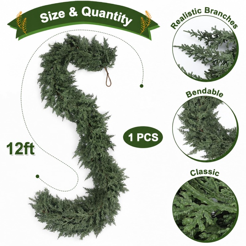 1 Pcs 12 ft Artificial Cedar Garland for Christmas