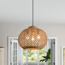 LHJIHFU3- Light 16.94" Rattan Pendant Light Fixture, Ceiling Hanging Handmade Woven Wicker Bohemian Lighting Adjustable Height for Kitchen Island Bedroom Living Room Farmhouse
