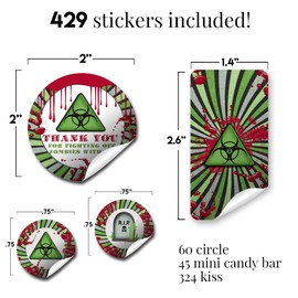 Zombie Infection Birthday Party Sticker Bundle Kit,429 pieces!!! Includes 60 2" Circle Stickers for Favors & Goodie Bags, 45 Mini Candy Bar Wrappers & 324 Round Candy Kiss Stickers by Amanda Creation