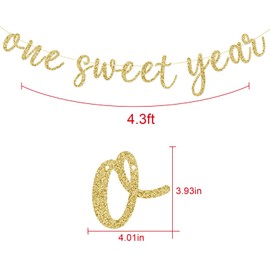 One Sweet Year Banner, First Birthday Anniversary Party Decorations Supplies for Boys Girls, Sweet One Bunting Sign, 1st Bday Baby Shower Hanging Ornament, Pre-strung, Photo Props, Gold Glitter