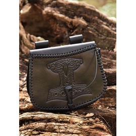 Battle-Merchant Medieval Belt Bag with Various Embossing Leather Bum Bag for Men and Women in Brown/Black Viking Reenactment Leather Case for Belt, black, Additional pocket