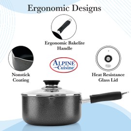 Alpine Cuisine Sauce Pan 1.5 Quart Nonstick Coating Soft Touch Bakelite Handle with Glass Lid, Nonstick Sauce Pans for All Stoves, Multipurpose Use for Home Kitchen & Restaurant - Dishwasher Safe