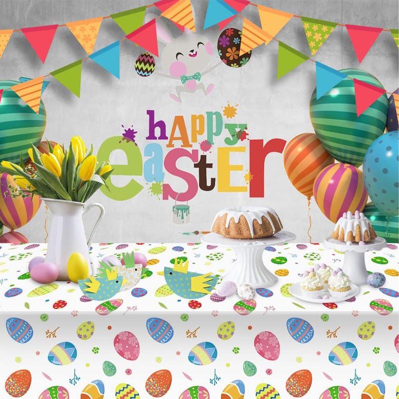 Easter Table Cloth, 137x274cm Rectangular Plastic Waterproof white Easter Eggs