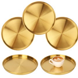 Biugaaufai 5 Pcs 12 Inch Gold Round Serving Tray, Stainless Steel Decorative Table Trays, Brushed Brass Finish, Multi-Functional for Home, Kitchen, and Vanity