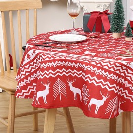 Haperlare Christmas Round Tablecloth 60 Inch, Xmas Tree and Deer Design Table Cloth Waterproof Holiday Decorative Boho Table Cover for Outdoor, Indoor Party Kitchen Dining Room, Red