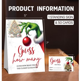 Christmas Green Hand Party Games for Families,Candy Guessing Raffle Cards Kits,(1 Standing Sign & 50 Guessing Cards),Holiday Party Games Gifts for Adults,Christmas Game Party Decorations-3