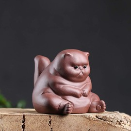 SCE Purple Clay Tea Pet Samll Angry Cat Figurines, Cute Kung Fu Tea Crafts for Tea Room/Home/Car Decoration, Ideal Ornaments Gift for Tea Lovers
