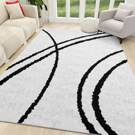 YIHOUSE Modern Area Rugs for Living Room,5x7 Washable Black and White Rug, Thin Abstract Geometric Minimalist Striped Rug, Stain Resistant Area Rug for Bedroom,Kitchen,Dining Room Office