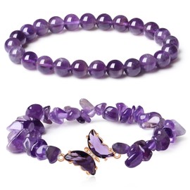 GUJOXILA 2pcs Amethyst Crystal Beaded Purple Bracelets for Womens Amethyst Healing Bracelet Layered Butterfly Bow Gemstone Bead Ladies Girls Bracelets Protection Lucky Bracelet Gifts