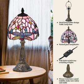Nizrsky Tiffany Table Lamp,3 Color-Temperature Dragonfly Stained Glass Lamp,8 Inch Tiffany Style Lamp for Bedroom Living Room Home, Handcrafted Light, Included Bulb (Pink)