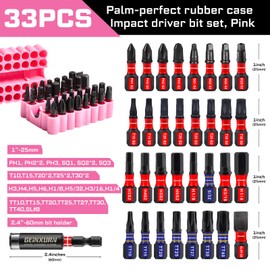 Geinxurn Impact Screwdriver Bits Set, 33 Pieces 1”Multi Head Magnetic S2 Steel Driver Bits PH/SQ/Torx/Slotted/Hex/Security Torx With Pink Soft Base