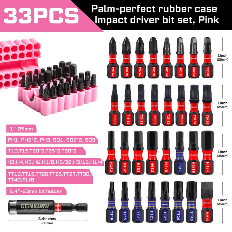 Geinxurn Impact Screwdriver Bits Set, 33 Pieces 1”Multi Head Magnetic