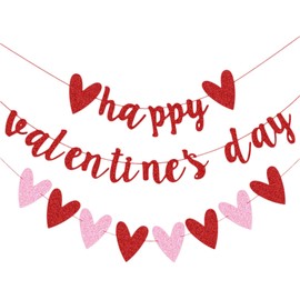 Valentines Decorations Hanging Heart Garlands Banners, Happy Valentines Day Glitter Red Pink Heart Banner Romantic Hanging Ornaments Valentines Day Party Home School Room Wall Ceiling Decor